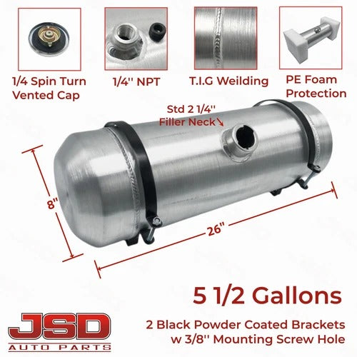 M226 JSD Aluminum Spun Fuel Tank 8x26 Center Fill 5.5 Gallon 1/4'' NPT