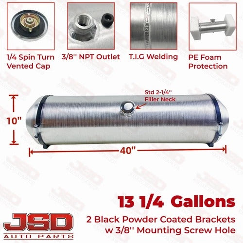 M285 JSD Aluminum Spun Fuel Tank 10x40 Center Fill 13.25 Gallon 3/8'' NPT