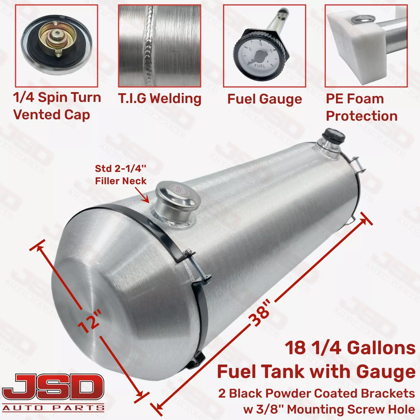 M305G  JSD Aluminum Spun Fuel Tank 12x38 End Fill 18.25 Gallon 1/4'' NPT