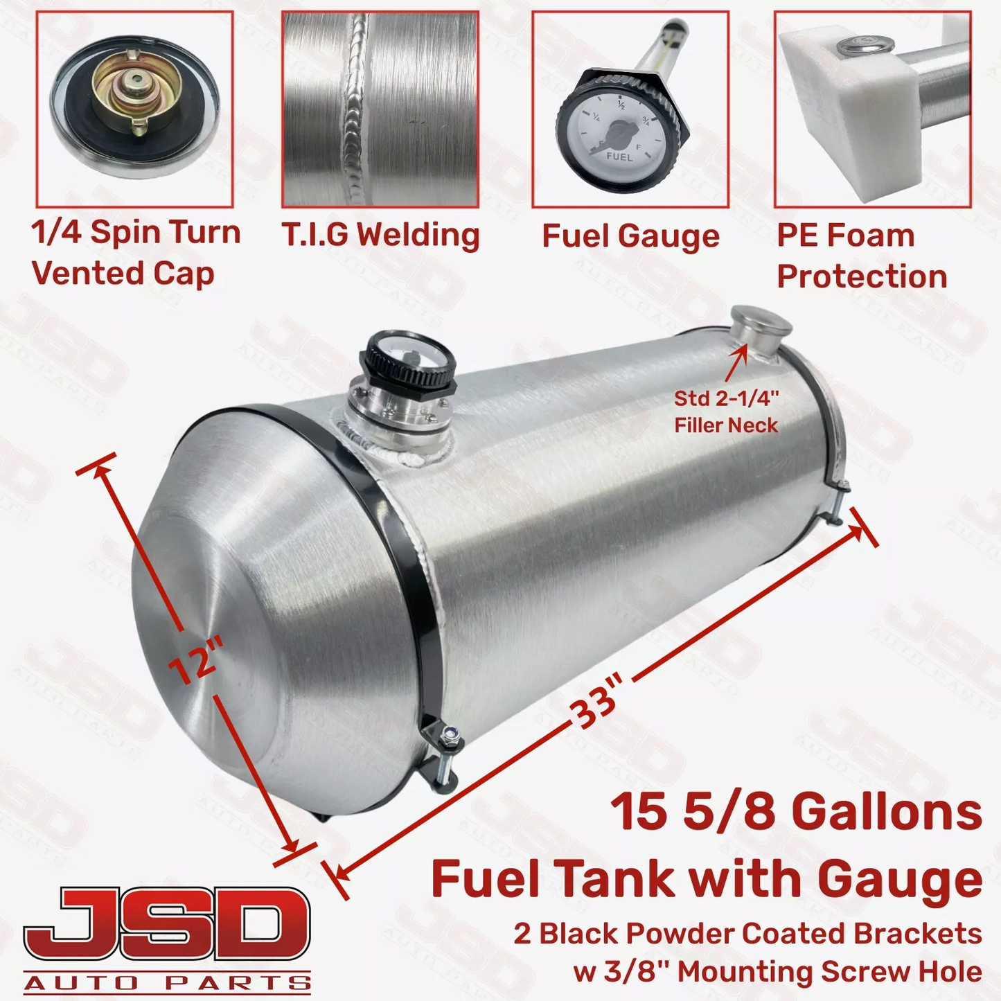 M293G JSD Aluminum Spun Fuel Tank 12x33 End Fill 15.88 Gallon 1/4'' NPT