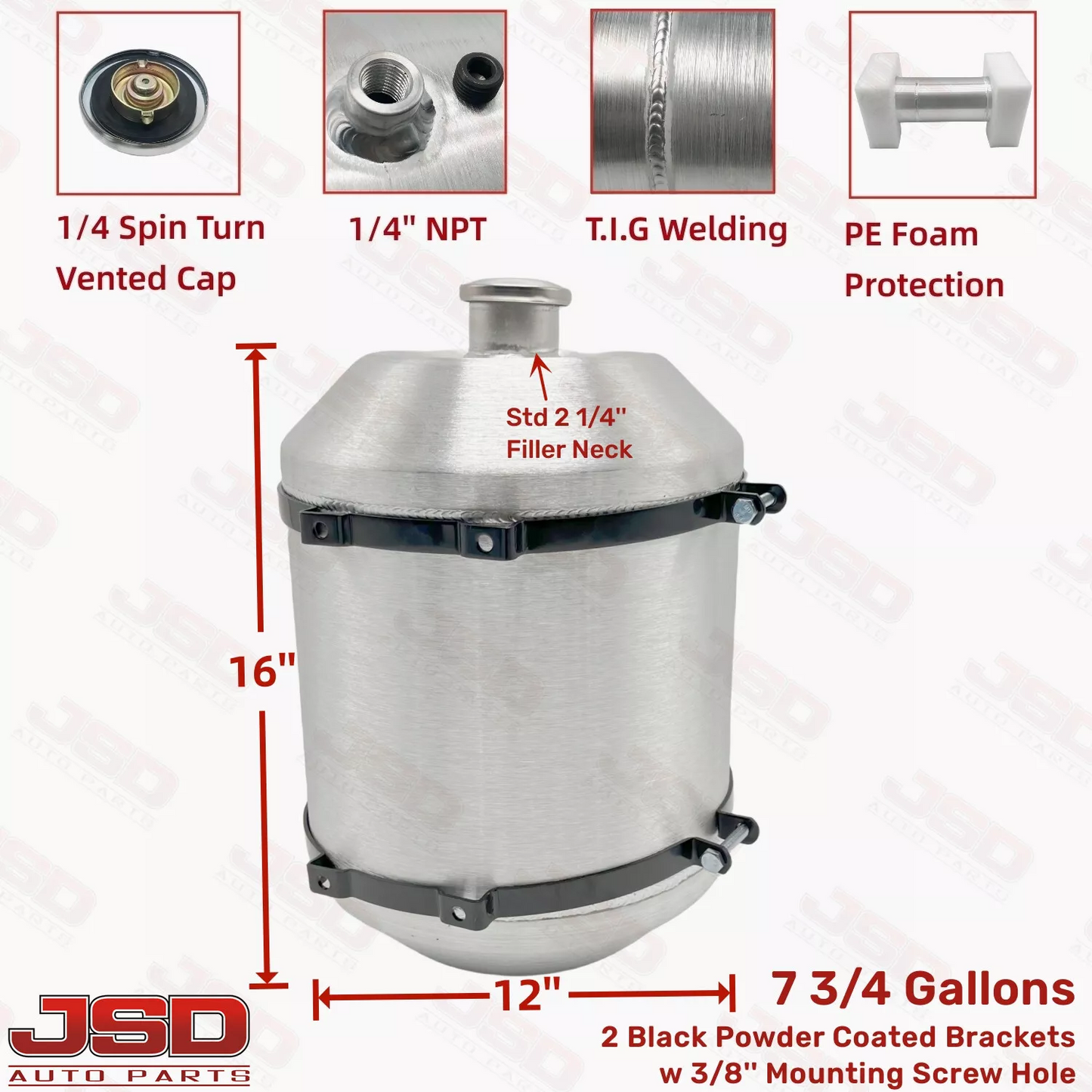 M625 JSD Aluminum Spun Fuel Tank 12x16 Vertical Fill 7.75 Gallon 1/4'' NPT