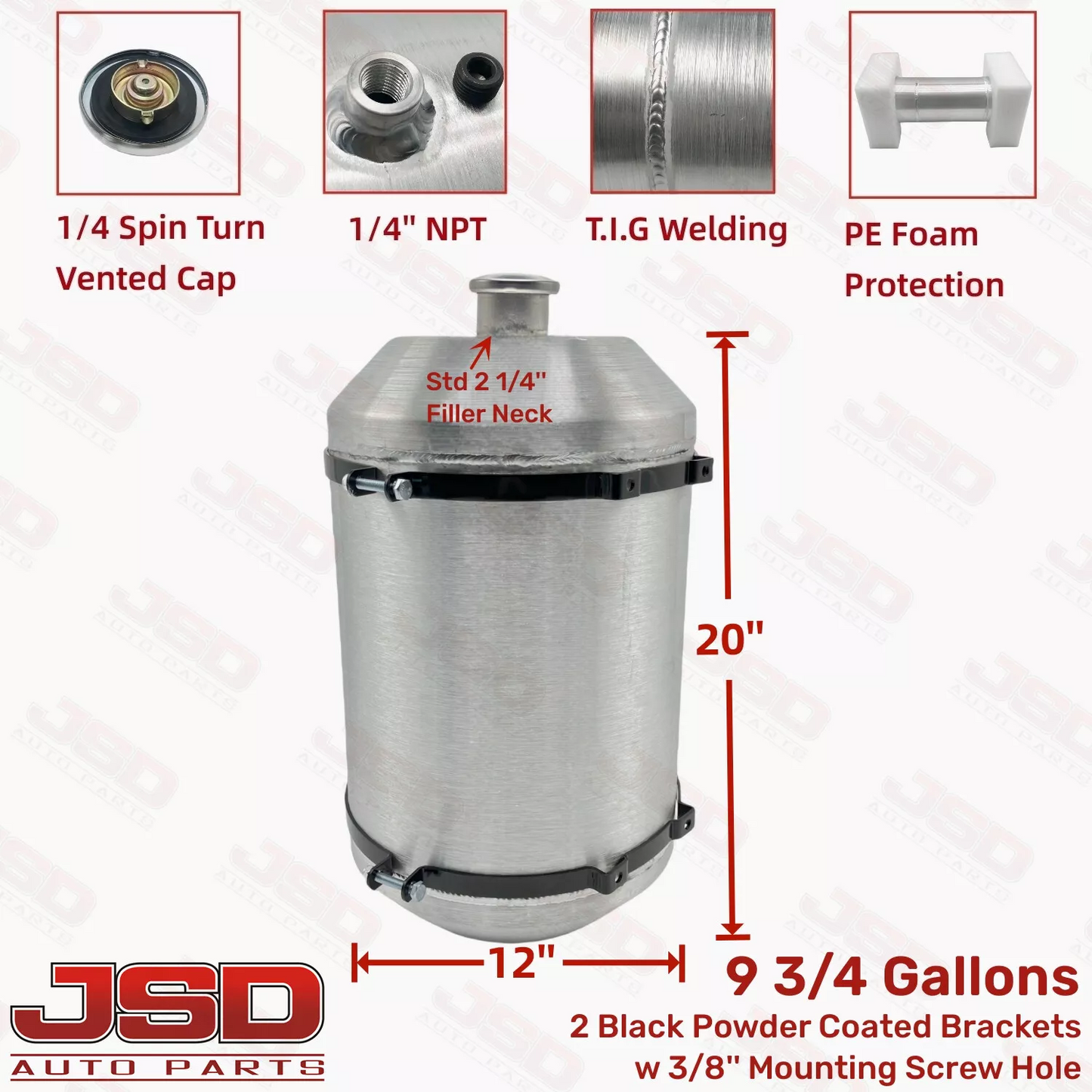 M627 JSD Aluminum Spun Fuel Tank 12x20 Vertical Fill 9.75 Gallon 1/4'' NPT
