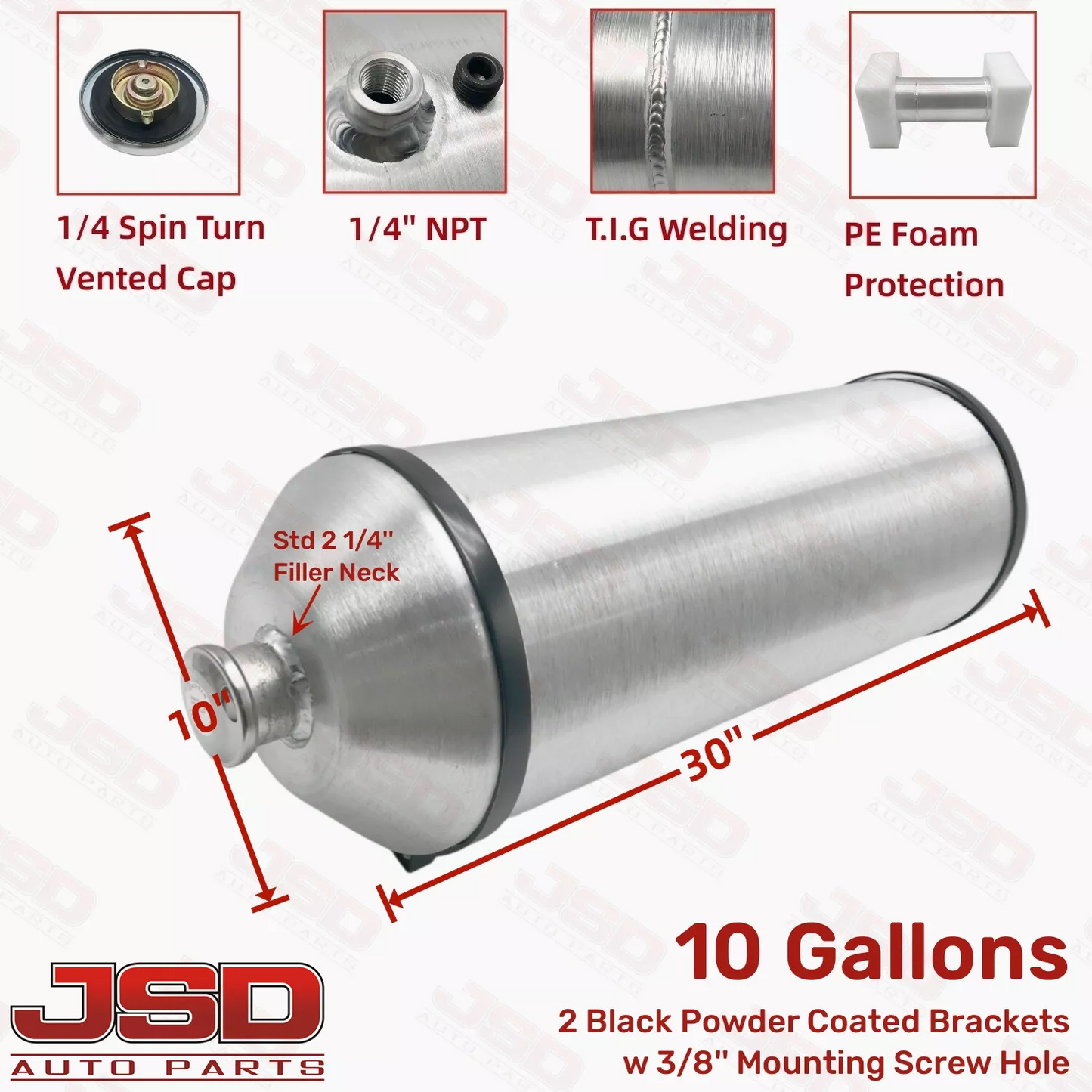 M621 JSD Aluminum Spun Fuel Tank 10x30 Vertical Fill 10 Gallon 1/4'' NPT
