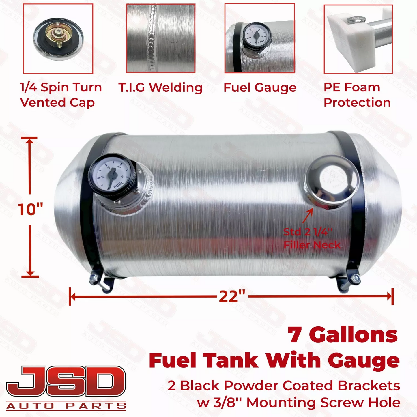 M031G JSD Aluminum Spun Fuel Tank 10x22 End Fill 7. Gallon 1/4'' NPT