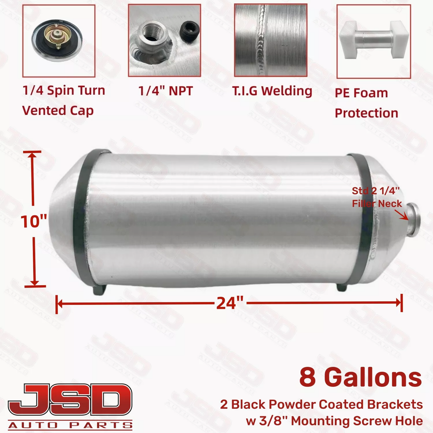 M618 JSD Aluminum Spun Fuel Tank 10x24 Vertical Fill 8 Gallon 1/4'' NPT