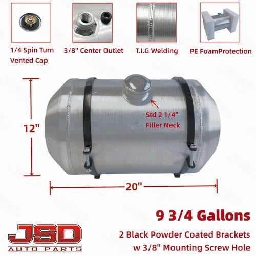M307 JSD Aluminum Spun Fuel Tank 12x20 Center Fill 9.75 Gallon 3/8'' NPT