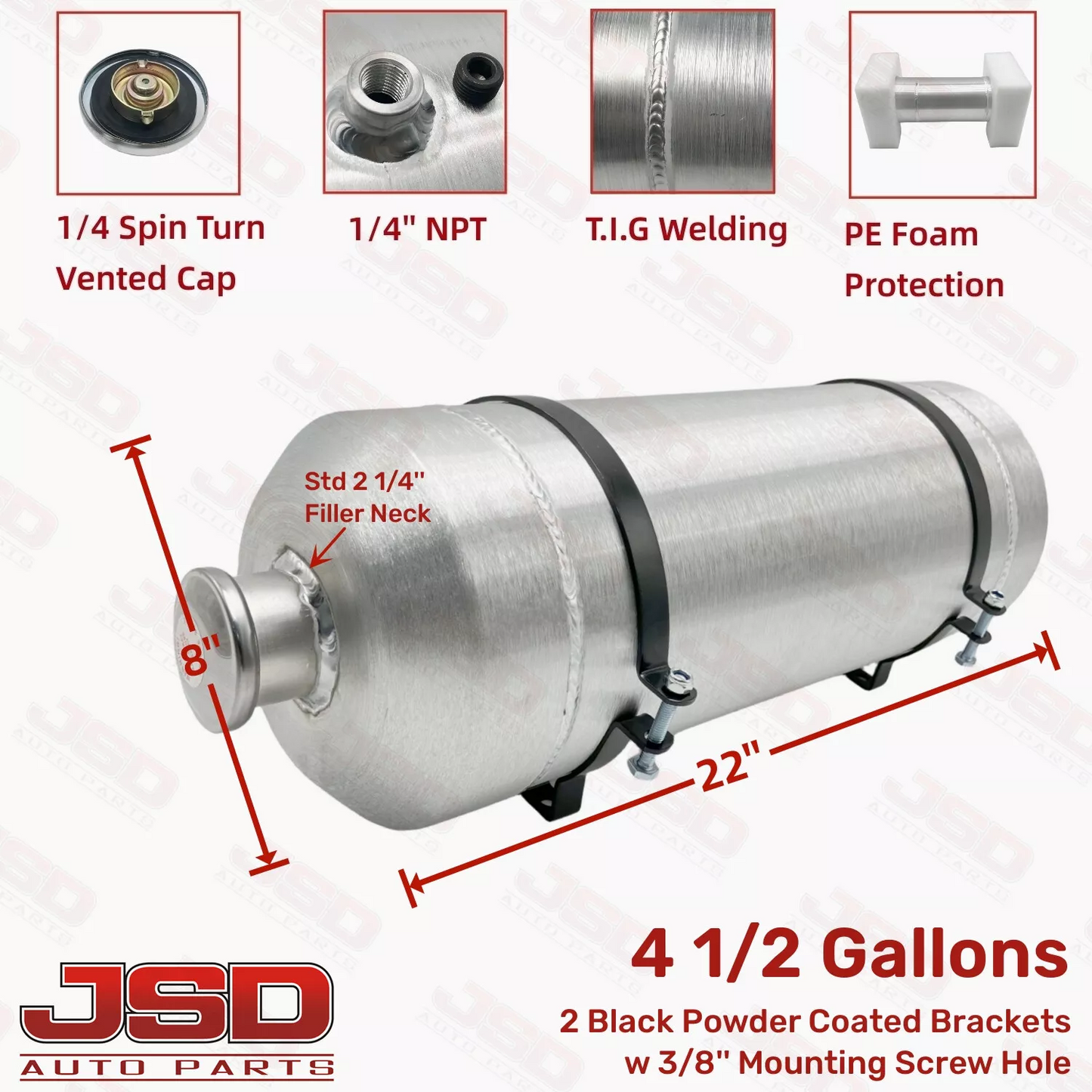 M611 JSD Aluminum Spun Fuel Tank 8x22 Vertical Fill 4.50 Gallon 1/4'' NPT
