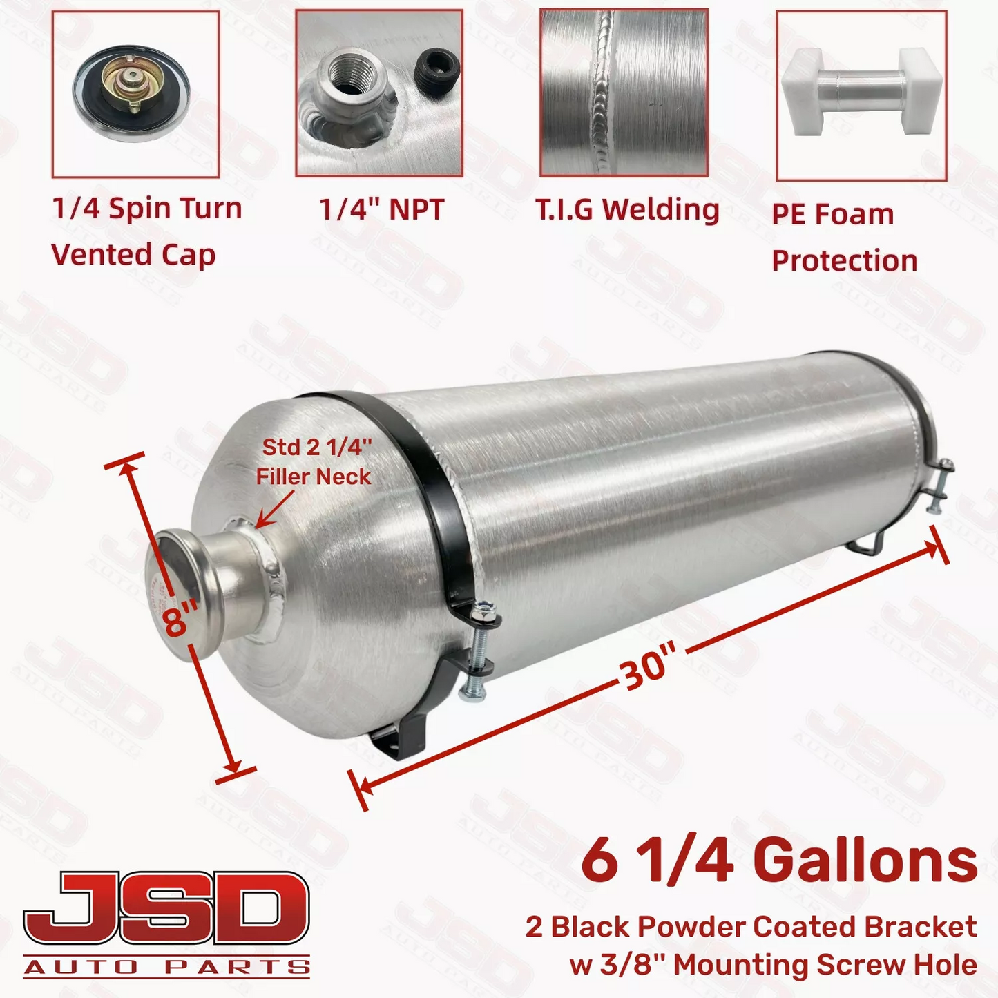 M613 JSD Aluminum Spun Fuel Tank 8x30 Vertical Fill 6.25 Gallon 1/4'' NPT