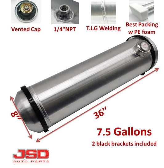 M238 JSD Aluminum Spun Fuel Tank 8x36 End Fill 7.5 Gallon 1/4'' NPT Standard