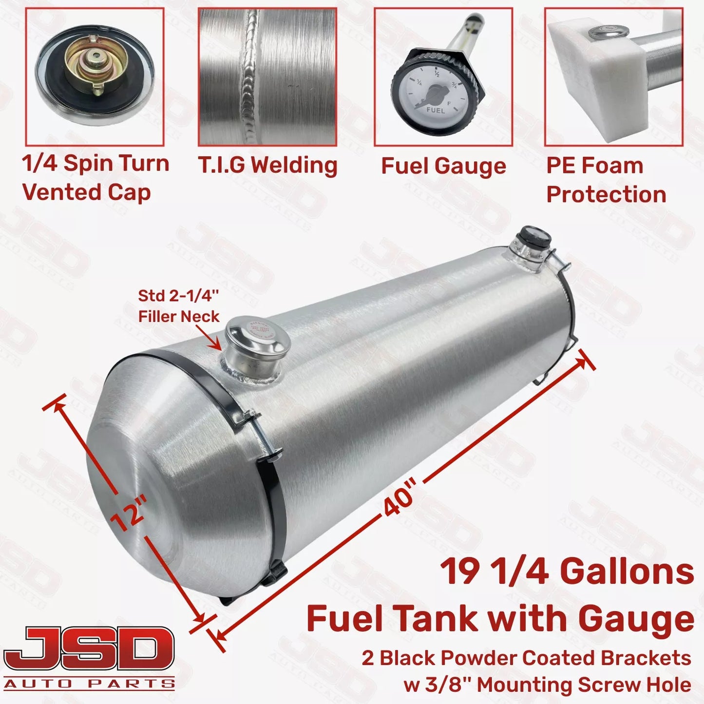 M306G JSD Aluminum Spun Fuel Tank 12x40 End Fill 19.25 Gallon 1/4'' NPT