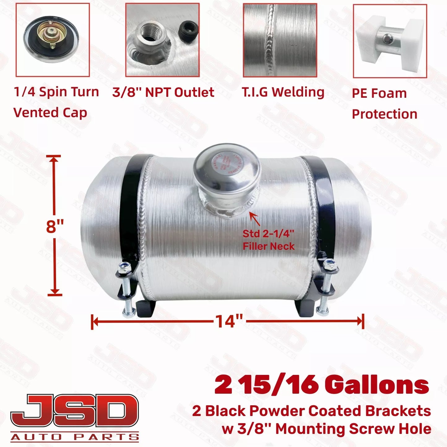 M330 JSD Aluminum Spun Fuel Tank 8x14 center Fill 2.9 Gallon 3/8'' NPT
