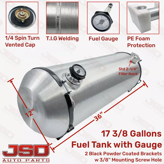 M295G JSD Aluminum Spun Fuel Tank 12x36 End Fill 17.38 Gallon 1/4'' NPT