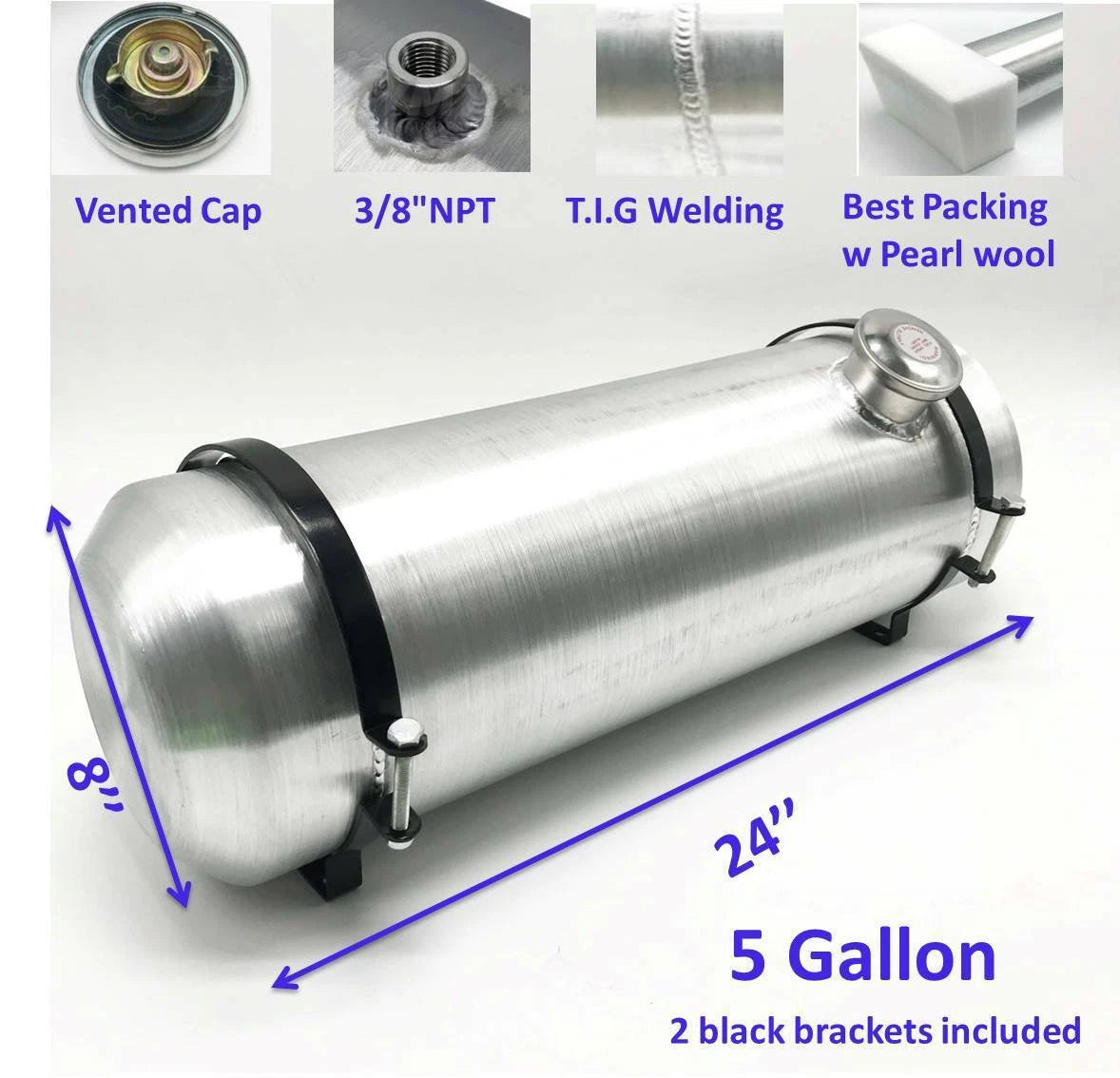M219 JSD Aluminum Spun Fuel Tank 8x24 end Fill 5. Gallon 3/8'' NPT