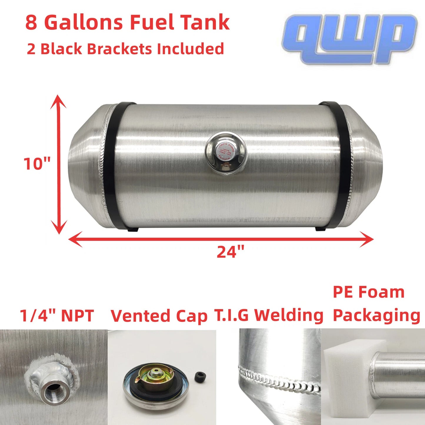 M270 JSD Aluminum Spun Fuel Tank 10x24 Center Fill 8 Gallon 1/4'' NPT