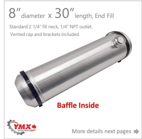 M188B JSD Aluminum Spun Fuel Tank 8x30 End Fill 6.25 Gallon 1/4'' NPT with Baffle