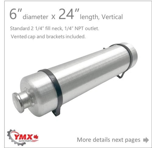 M608 JSD Aluminum Spun Fuel Tank 6x24 Top Fill 2.63 Gallon 1/4'' NPT