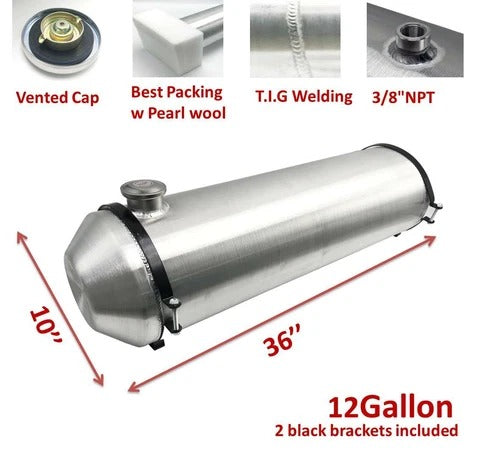 M180 JSD Aluminum Spun Fuel Tank 10x36 End Fill 12 Gallon 3/8'' NPT
