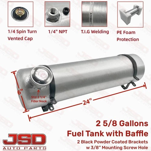 M299B JSD Aluminum Spun Fuel Tank 6x24 End Fill 2.63 Gallon 1/4'' NPT with Baffle