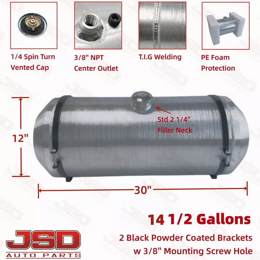 M310 JSD Aluminum Spun Fuel Tank 12x26 center Fill 12.5 Gallon 3/8'' NPT