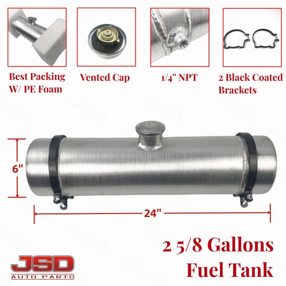 M326 JSD Aluminum Spun Fuel Tank 6x24 Center Fill 2.63 Gallon 1/4'' NPT