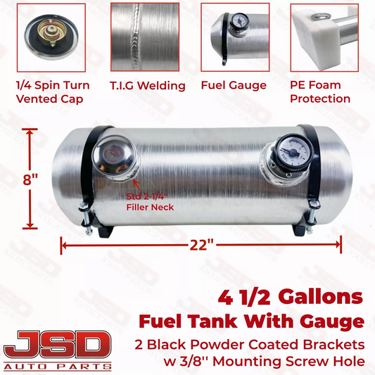 M216G JSD Aluminum Spun Fuel Tank 8x22 End Fill 4.5 Gallon 1/4'' NPT