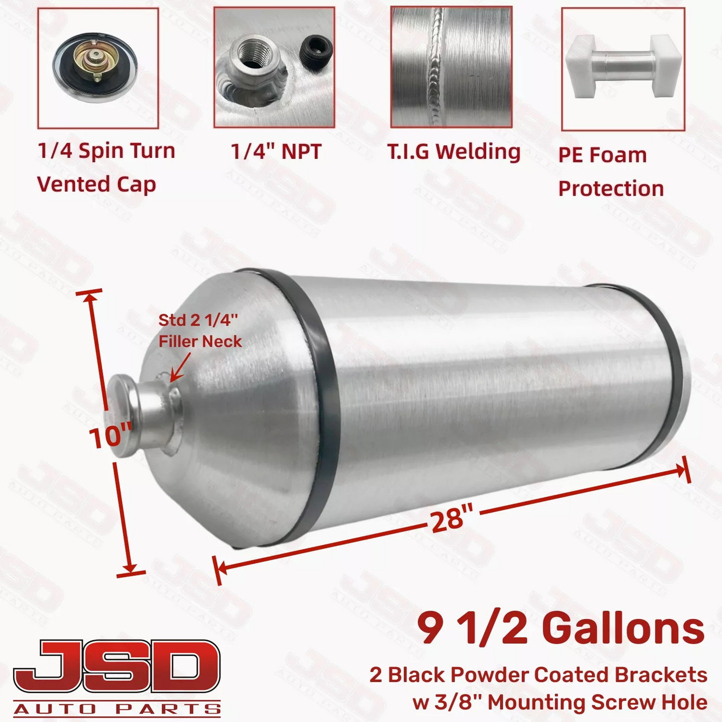 M620 JSD Aluminum Spun Fuel Tank 10x28 Vertical Fill 9.50 Gallon 1/4'' NPT