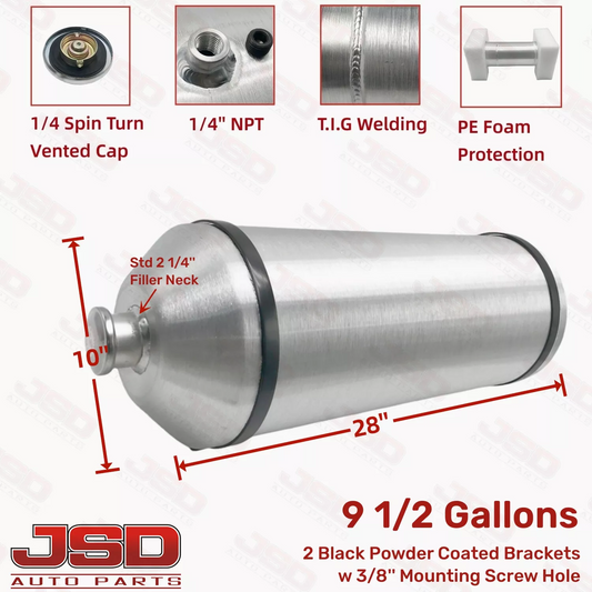 M620 JSD Aluminum Spun Fuel Tank 10x28 Vertical Fill 9.50 Gallon 1/4'' NPT