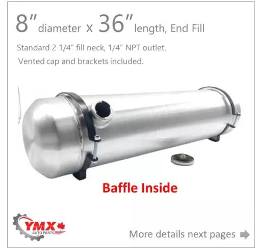 M238B JSD Aluminum Spun Fuel Tank 8x36 End Fill 7.5 Gallon 1/4'' NPT with Baffle