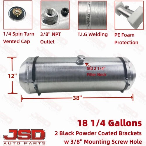 M316 JSD Aluminum Spun Fuel Tank 12x38 Center Fill 18.25 Gallon 3/8'' NPT