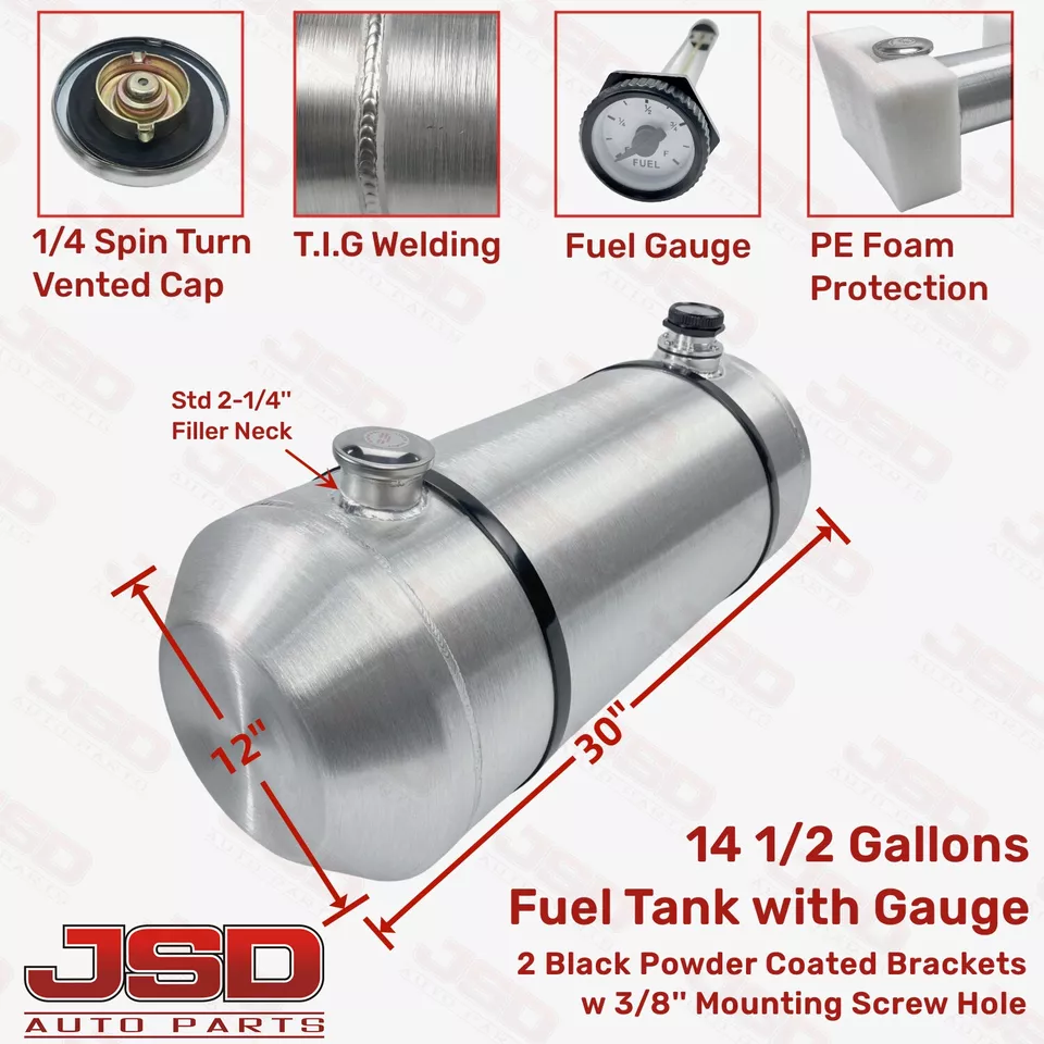 M292G JSD Aluminum Spun Fuel Tank 12x30 End Fill 14.5 Gallon 1/4'' NPT