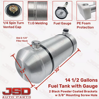 M292G JSD Aluminum Spun Fuel Tank 12x30 End Fill 14.5 Gallon 1/4'' NPT