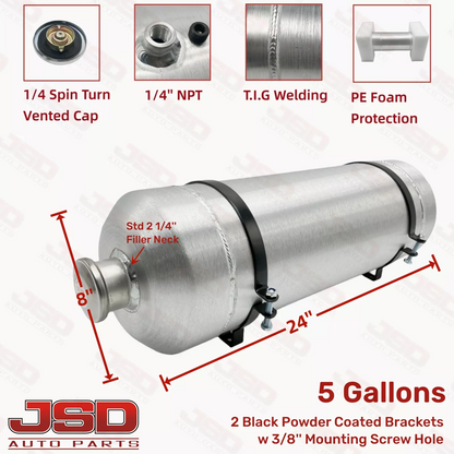 M612 JSD Aluminum Spun Fuel Tank 8x24 Vertical Fill 5 Gallon 1/4'' NPT