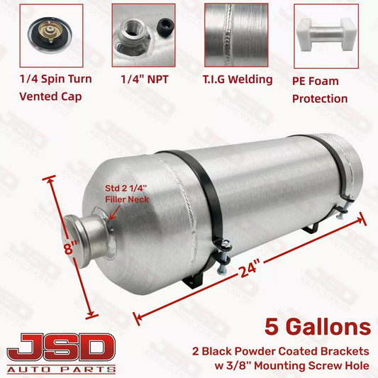 M612 JSD Aluminum Spun Fuel Tank 8x24 Vertical Fill 5 Gallon 1/4'' NPT