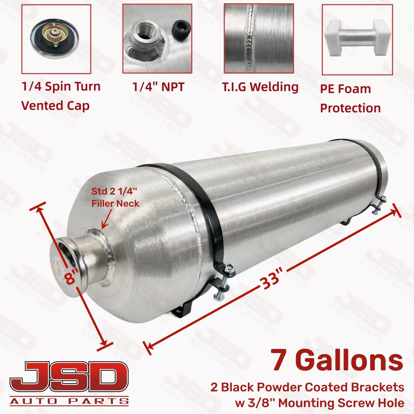 M615 JSD Aluminum Spun Fuel Tank 8x33 Vertical Fill 7 Gallon 1/4'' NPT