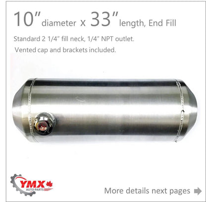 M053 JSD Aluminum Spun Fuel Tank 10x33 End Fill 11.00 Gallon 1/4'' NPT