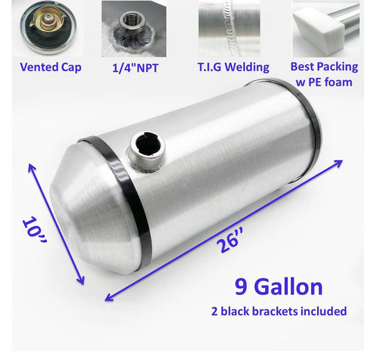 M272 JSD Aluminum Spun Fuel Tank 10x26 End Fill 9.00 Gallon 1/4'' NPT