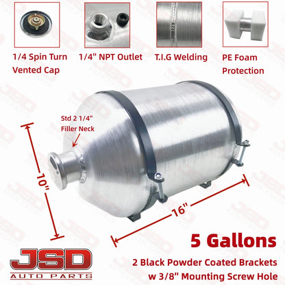 M336 JSD Aluminum Spun Fuel Tank 10x16 Vertical Fill 5 Gallon 1/4'' NPT