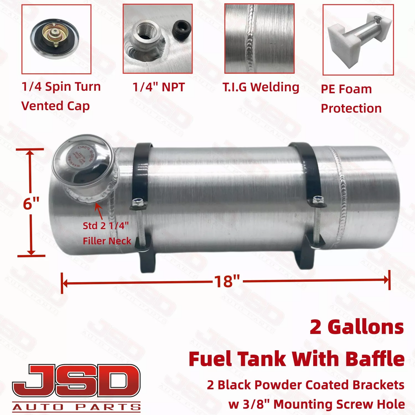 M297B JSD Aluminum Spun Fuel Tank 6x18 End Fill 2 Gallon 1/4'' NPT