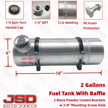 M297B JSD Aluminum Spun Fuel Tank 6x18 End Fill 2 Gallon 1/4'' NPT
