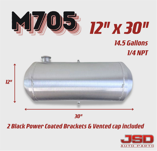 M705 JSD Aluminum Spun Fuel Tank 12x30 center Fill 14.5 Gallon 1/4'' NPT w Dual outlet design (return-compatible)