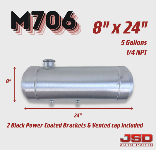 M706 JSD Aluminum Spun Fuel Tank 8x24 center Fill 5 Gallon 1/2'' NPT w Dual outlet design (return-compatible)