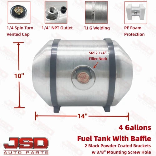 M256B JSD Aluminum Spun Fuel Tank 10x14 Center Fill 4 Gallon 1/4'' NPT with Baffle
