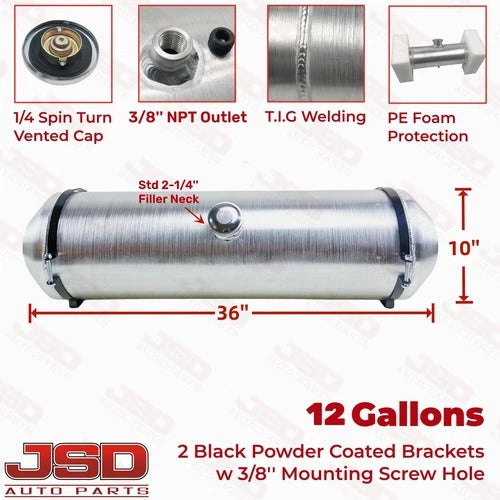 M351 JSD Aluminum Spun Fuel Tank 10x36 Center Fill 12 Gallon 3/8'' NPT