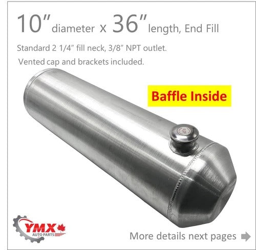 M180B JSD Aluminum Spun Fuel Tank 10x36 End Fill 12 Gallon 3/8'' NPT with Baffle
