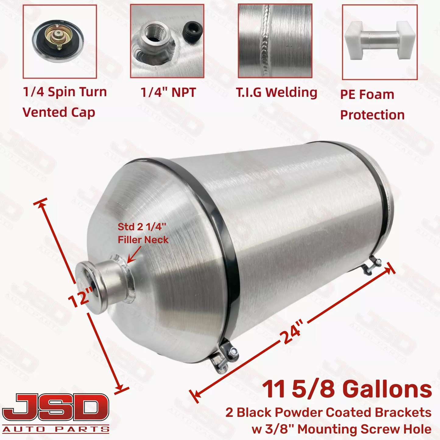 M628 JSD Aluminum Spun Fuel Tank 12x24 Vertical Fill 11.63 Gallon 1/4'' NPT