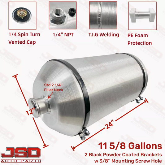 M628 JSD Aluminum Spun Fuel Tank 12x24 Vertical Fill 11.63 Gallon 1/4'' NPT