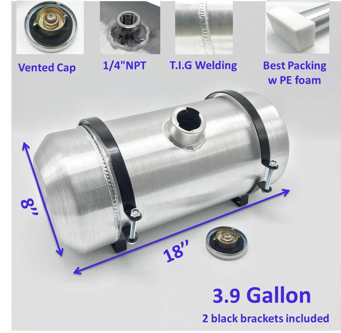 M210 JSD Aluminum Spun Fuel Tank 8x18 Center Fill 3.9 Gallon 1/4'' NPT