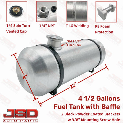 M216B JSD Aluminum Spun Fuel Tank 8x22 End Fill 4.5 Gallon 1/4'' NPT with Baffle