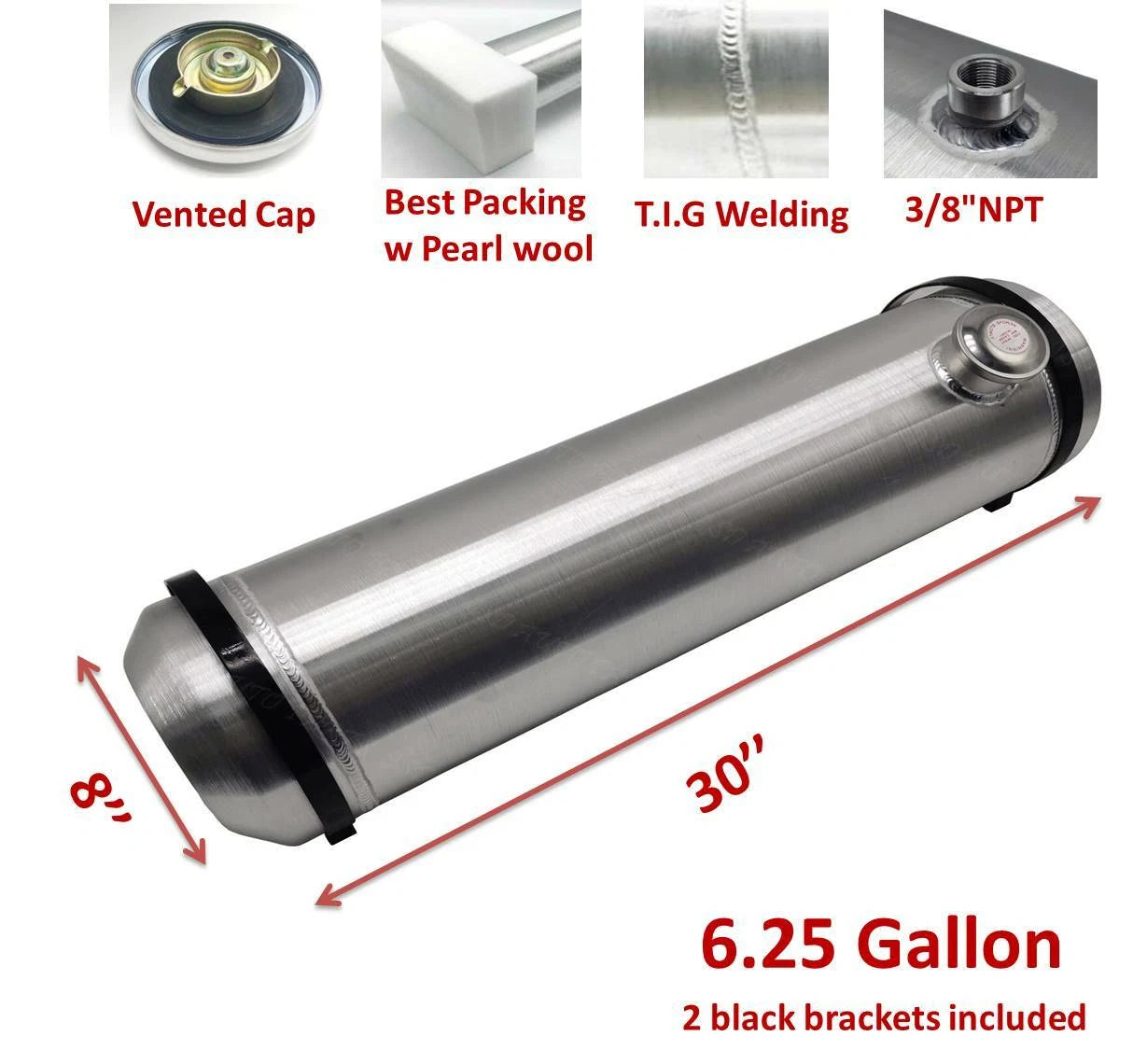M232 JSD Aluminum Spun Fuel Tank 8x30 End Fill 6.25 Gallon 3/8'' NPT Standard