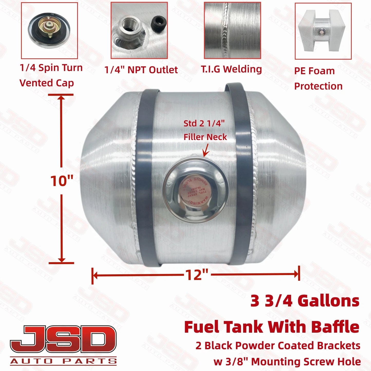 M252B JSD Aluminum Spun Fuel Tank 10x12 Center Fill 3 3/4 Gallon 1/4'' NPT Baffle